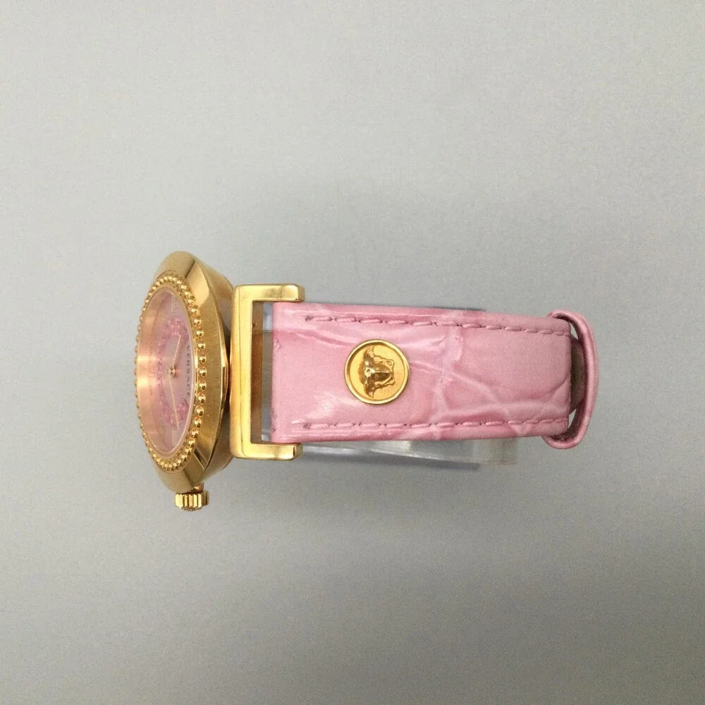 Versace Womens Watch 35mm Pink Dial Gold Tone Leather Swiss Medusa New Battery